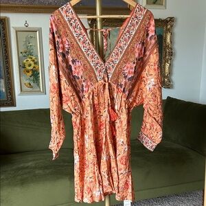 NWT Boho Floral Orange V-Neck Women's Dress